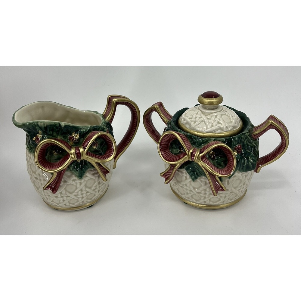 Fitz and Floyd Christmas Sugar Bowl And Creamer‎ Set Caned Design Bows Holly